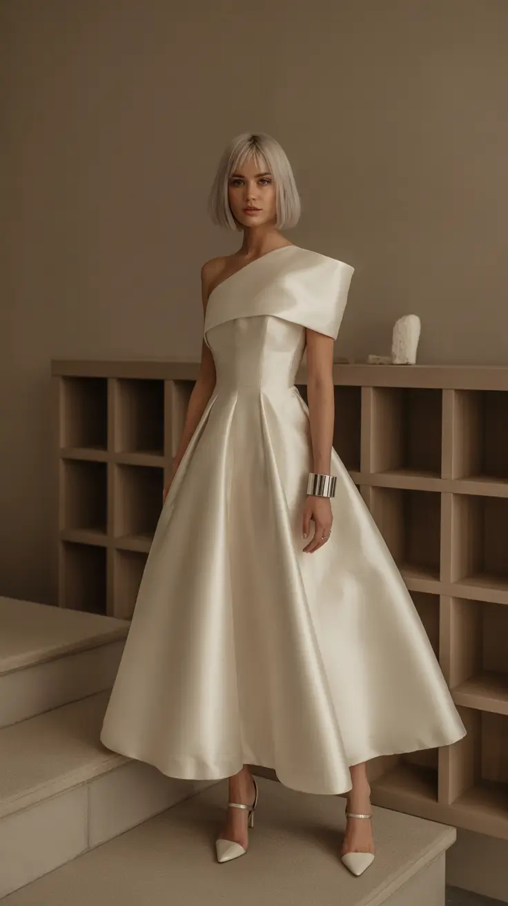 stunning spring wedding outfit 2026 Sculptural Modern Satin Elegance