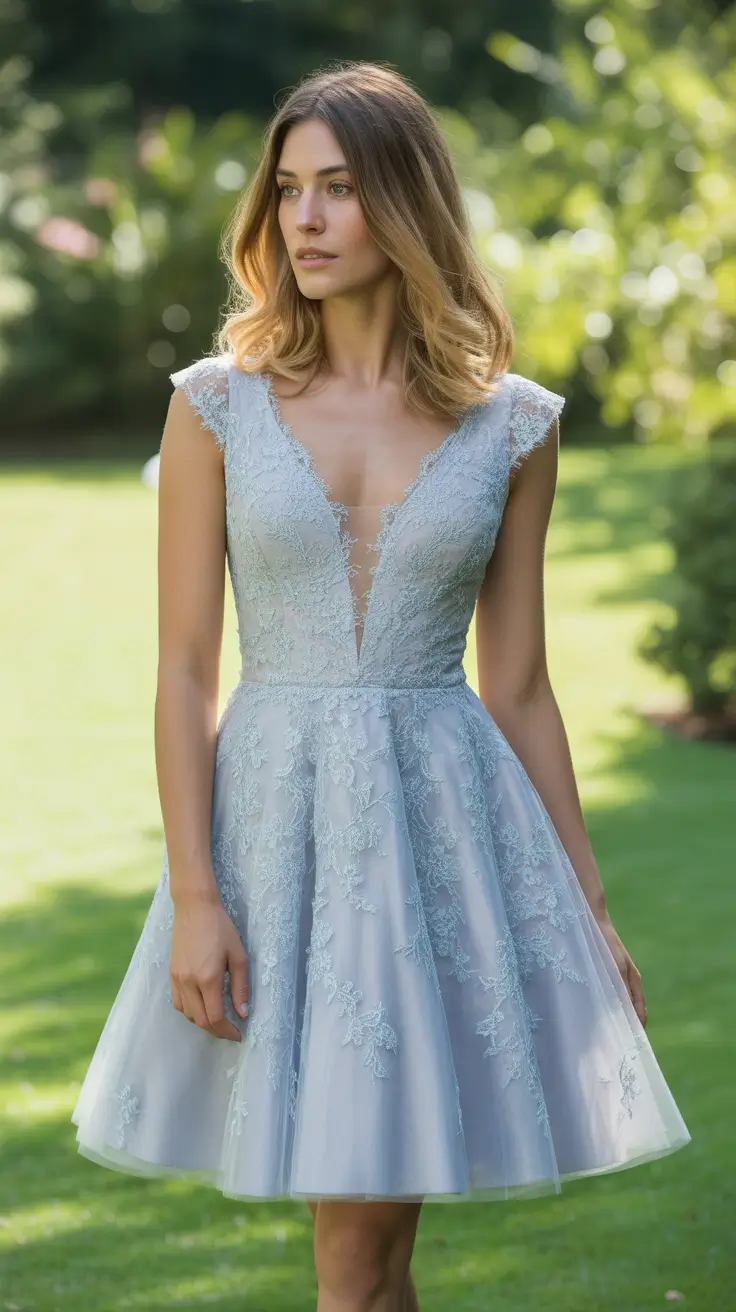 stunning spring wedding outfit 2026 Soft Blue Lace Fit-and-Flare With Subtle Whimsy